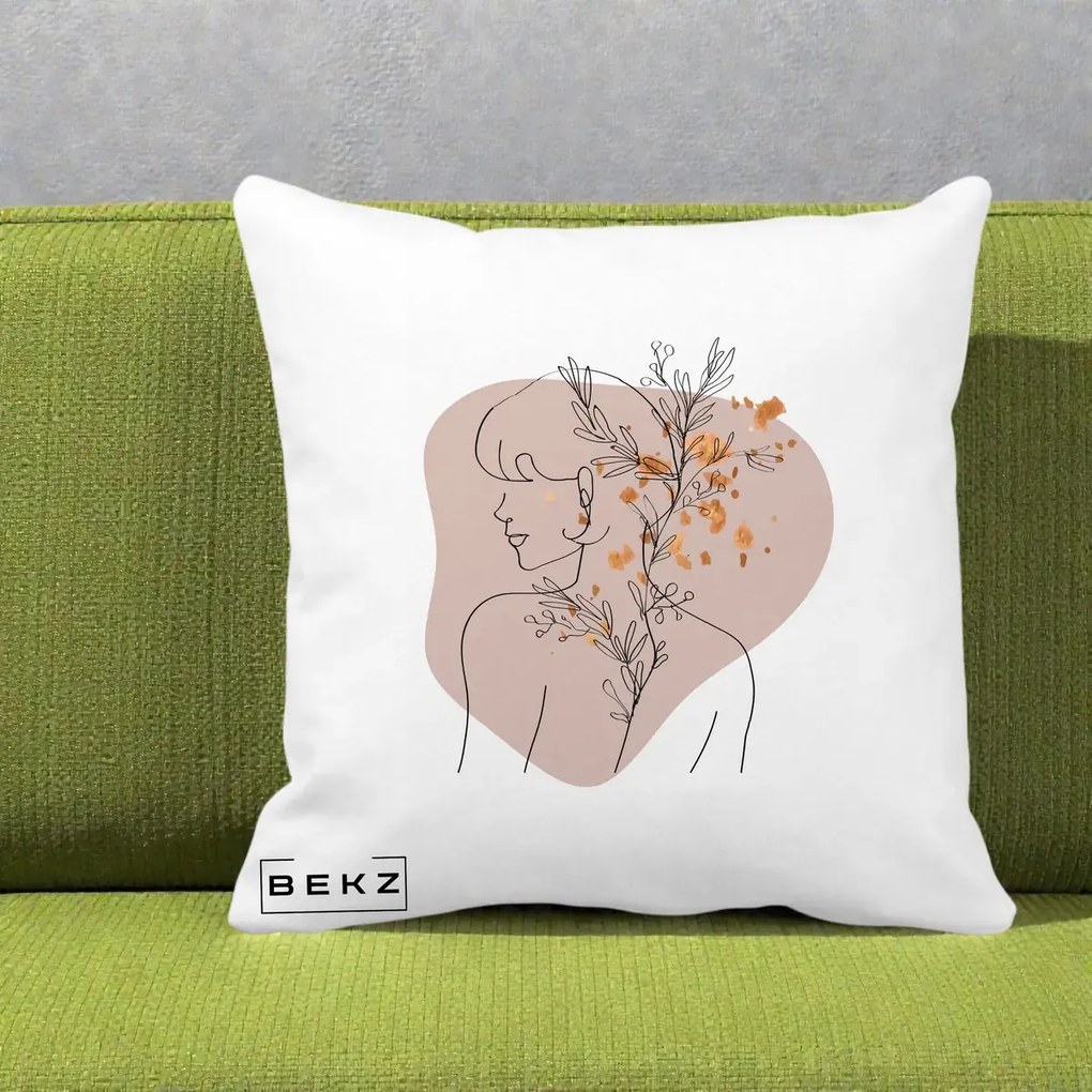 Perna Decorativa Femeie cu Flori Line Art Boho, 40x40 cm, Alba Mata, Husa Detasabila, Perna Inclusa, BEKZ®
