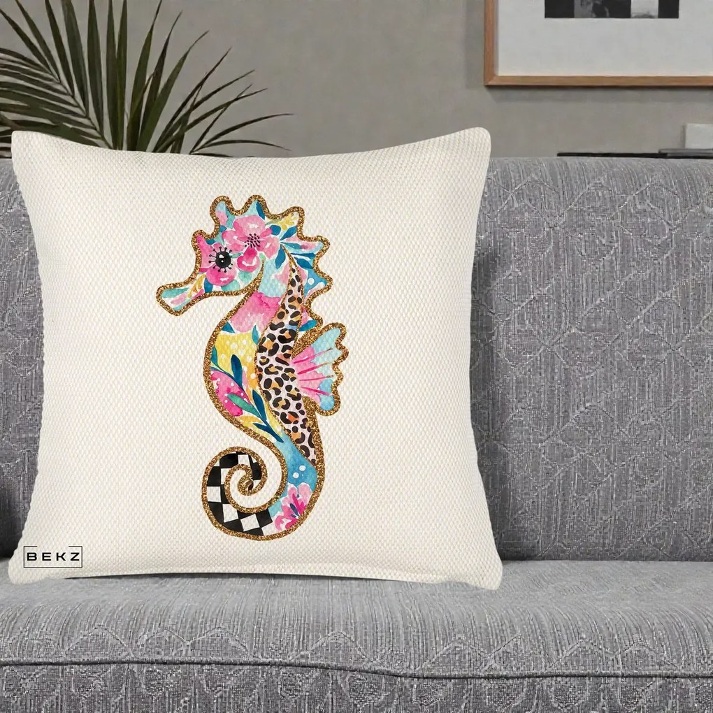 Perna Decorativa Calut de Mare Glitter Tropical, 40x40 cm, Crem Reliefat, Husa Detasabila, Perna Inclusa, BEKZ®