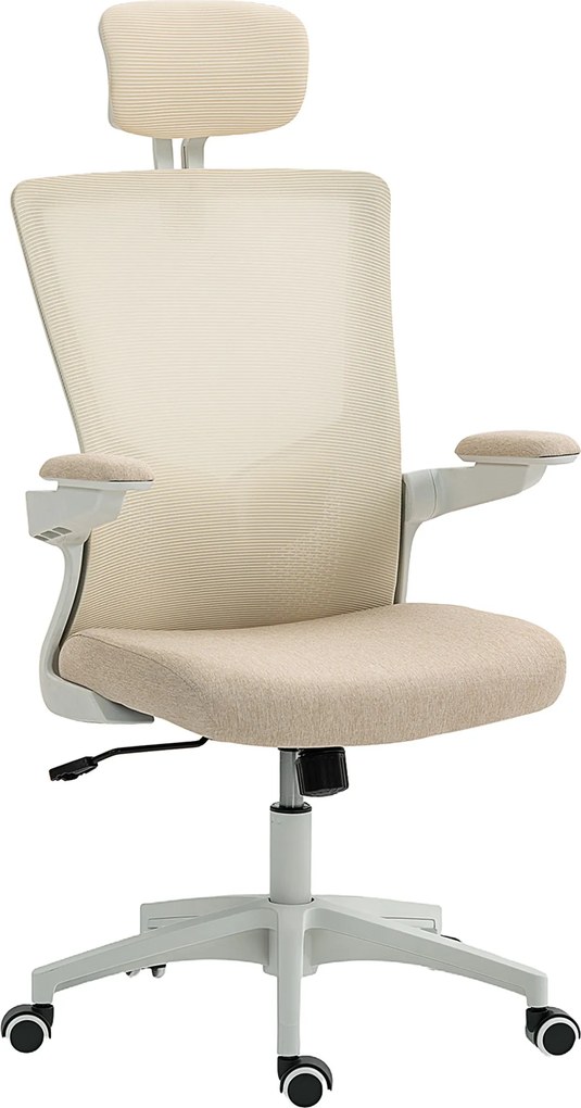 HOMCOM Scaun birou ergonomic, scaun de birou, cotiere rabatabile, suport lombar, tetieră, 60x63x120cm, bej | Aosom Romania