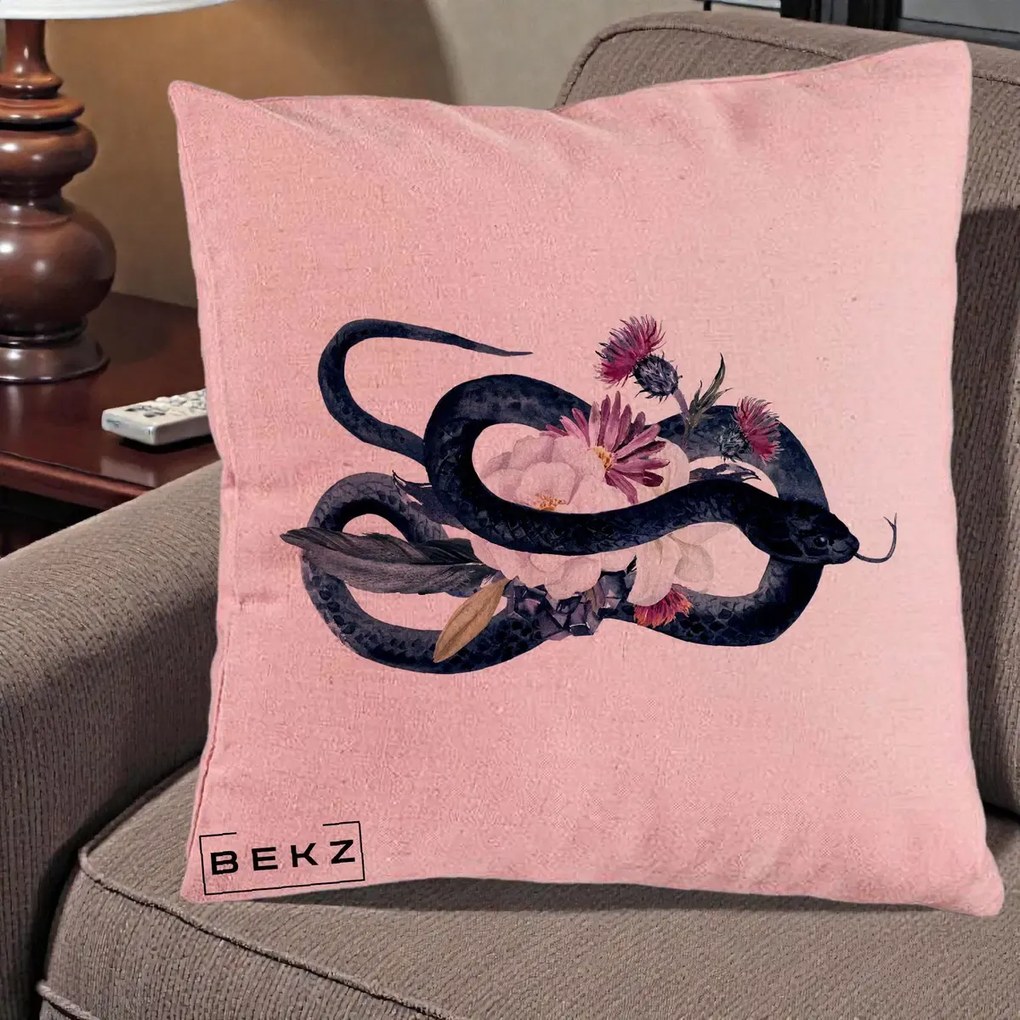 Perna Decorativa Sarpe Negru cu Flori Gothic, 40x40 cm, Roz, Husa Detasabila, Perna Inclusa, BEKZ®