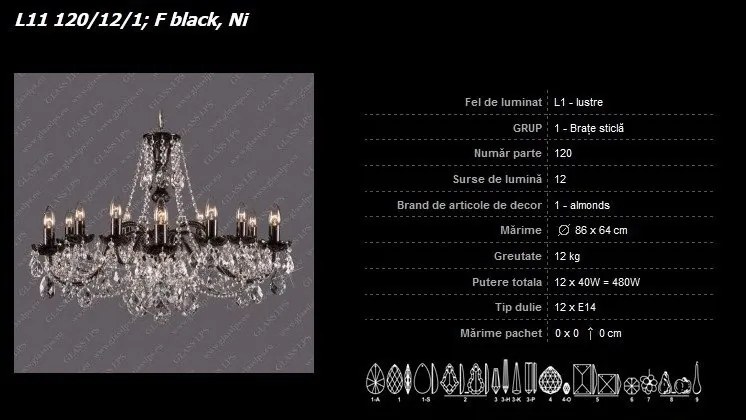 Lustra 12 brate cristal Bohemia L11 120/12/1; F black