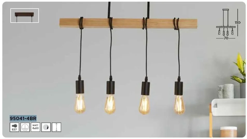 Lustra din lemn cu 4 pendule design rustic Woody