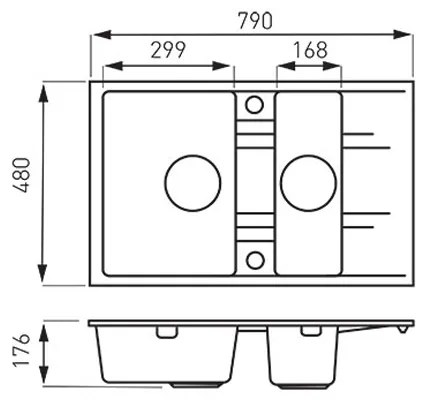 Chiuveta granit Ferro, Mezzo II, dreptunghiulara, 2 cuve cu picurator, 790x480 mm, grafit