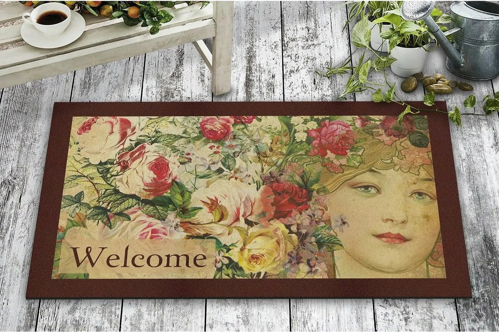 Covor intrare FLOWER LADY, 45x70 cm, forma dreptunghiulara, pasla/PVC,