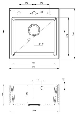 Chiuvetă de bucătărie Deante ZQJNN103 EVORA 50x50 cm + baterie de chiuvetă granit/negru