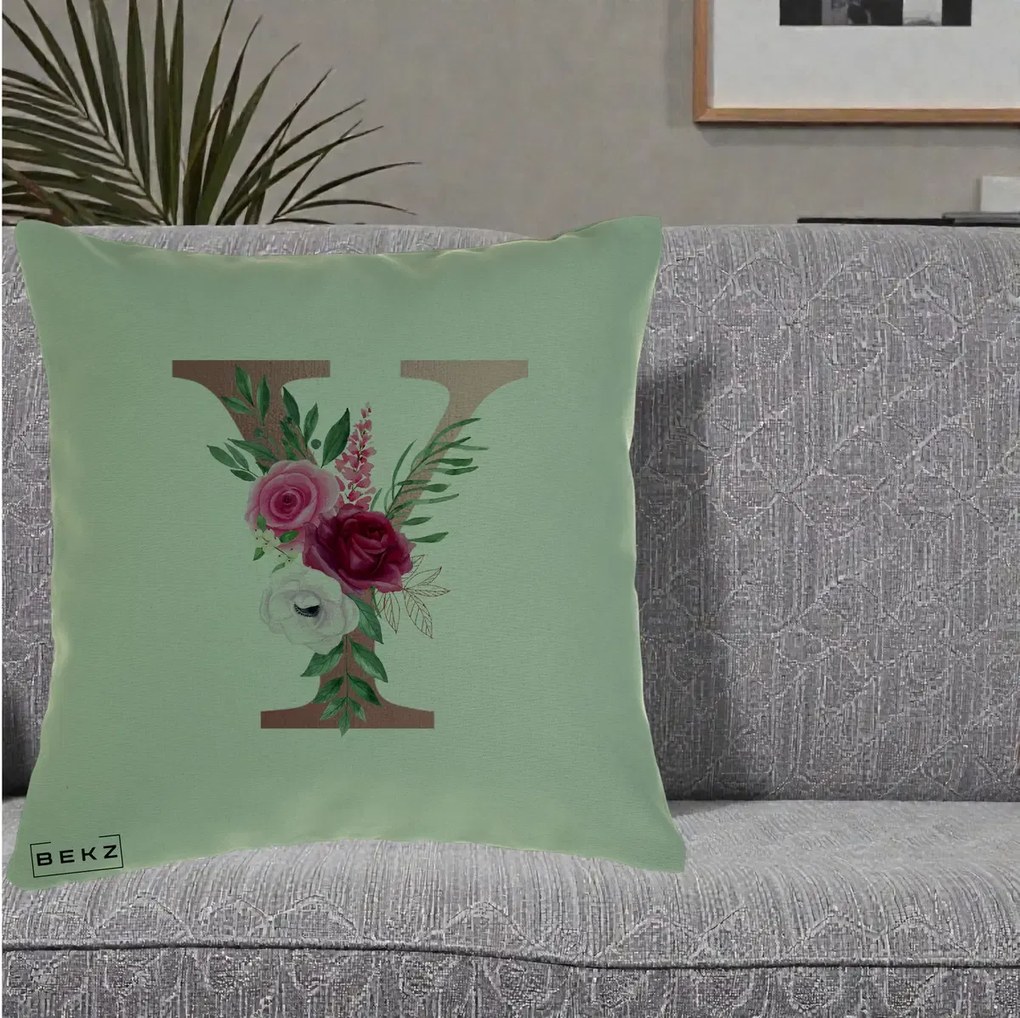 Cadou Personalizat - Perna Personalizata Monograma Rose Gold Litera Y, 40x40 cm, Verde, Husa Detasabila, Perna Inclusa, BEKZ®