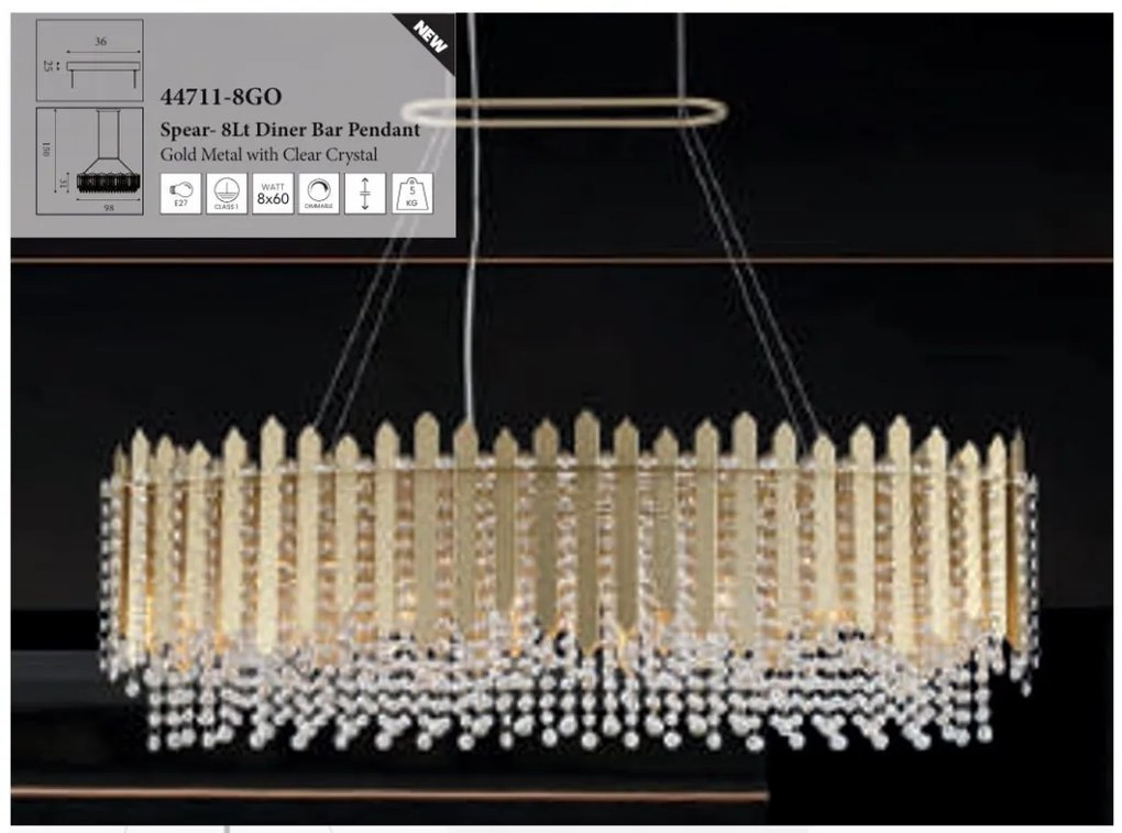 Lustra metal auriu, cristale din sticla Spear 8Lt