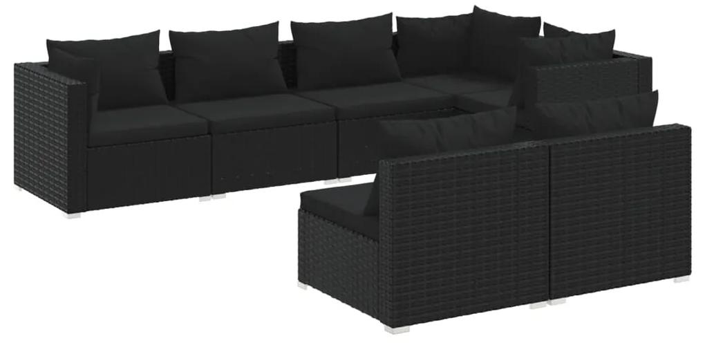 Set mobilier de gradina cu perne, 7 piese, negru, poliratan Negru, 3x colt + 4x mijloc, 1