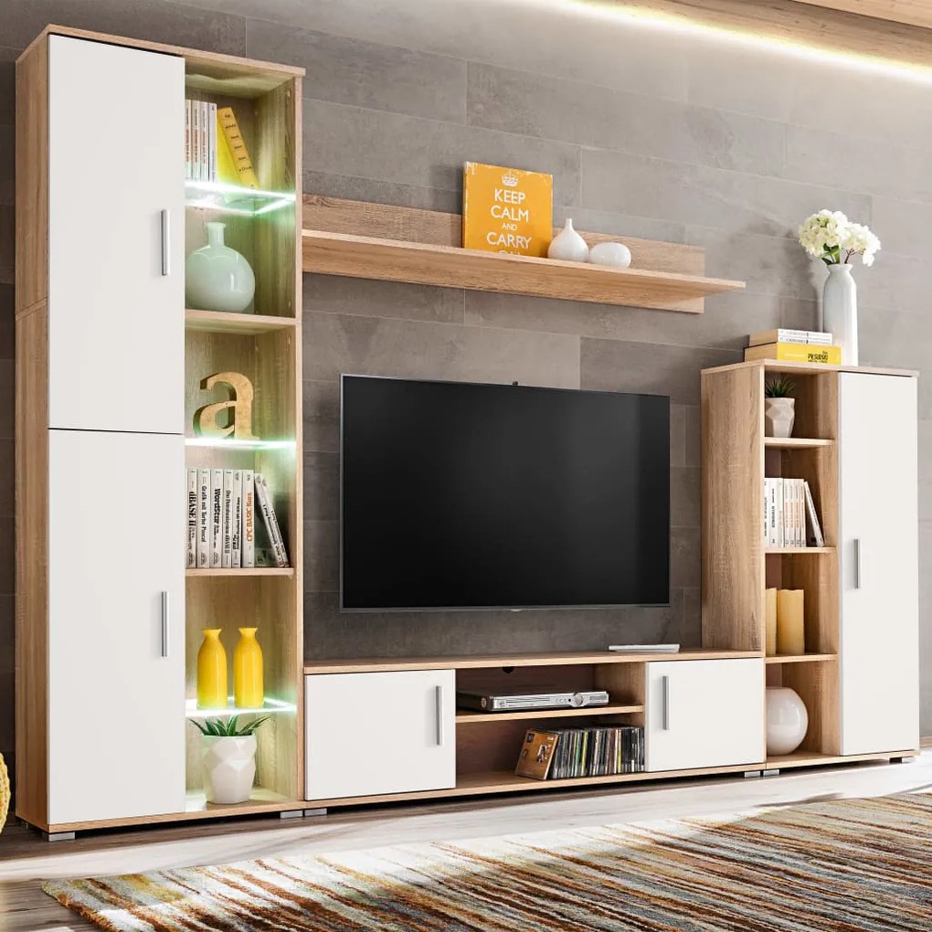 246030 vidaXL Mobilă de perete cu spațiu TV, iluminare LED, stejar sonoma