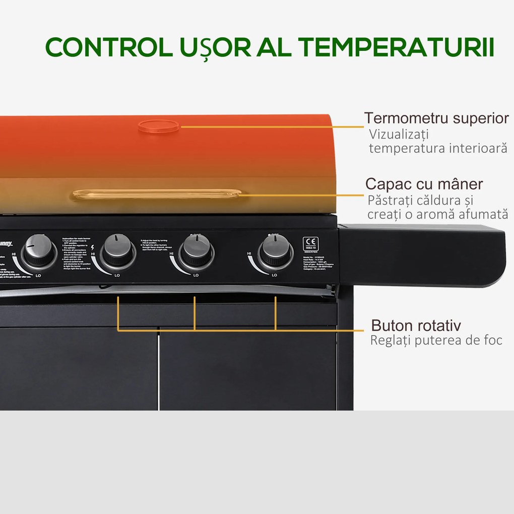 Outsunny Gratar pe Gaz cu 5 Arzatoare Rafturi Laterale si Dulap Inferior cu Usa, Gratar de Gradina cu Roti din Otel si PP, 125x51x100 cm, Negru