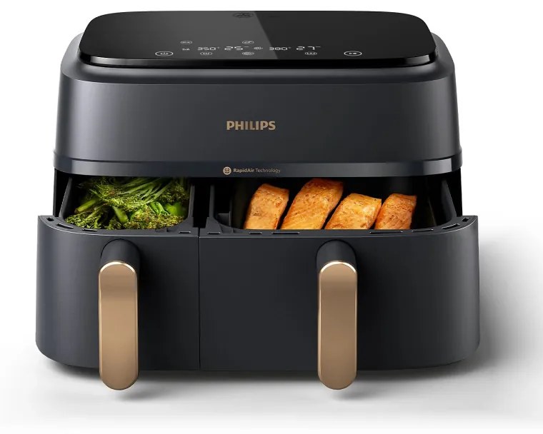 Friteuza cu aer cald dubla Philips NA352/00, 2750 W, 6+3 L, 80-200°C, 1,5 kg, 8 programe, Ecran tactil, Copiere si sincronizare, Negru