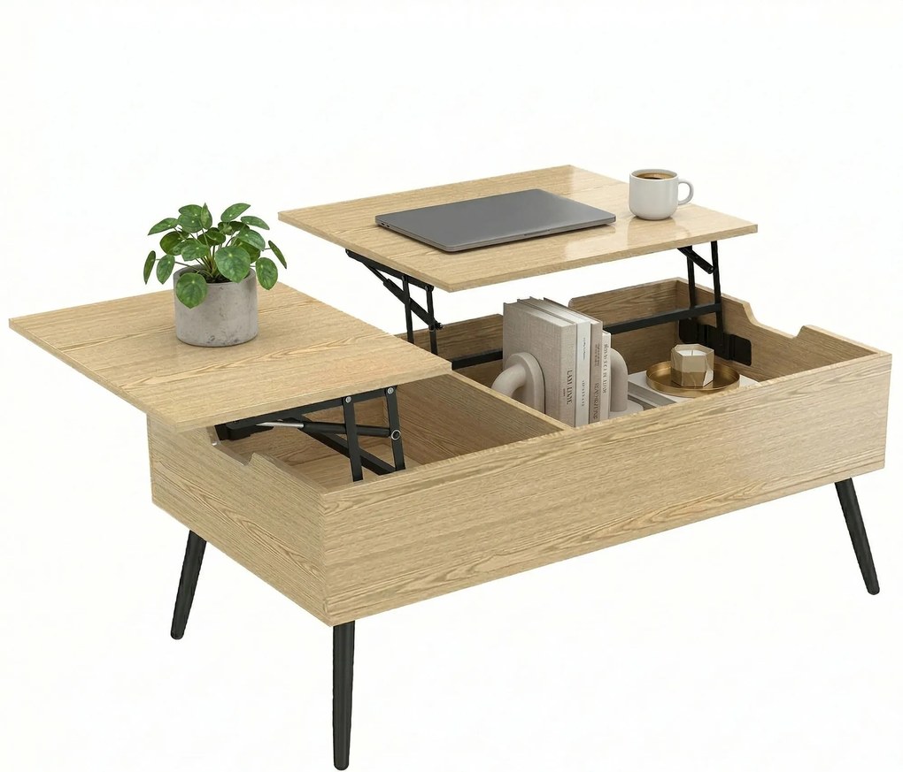 HOMCOM Masă de cafea rabatabilă cu dublu blat, masă de living cu compartiment ascuns și picioare din metal, lemn natural | Aosom Romania