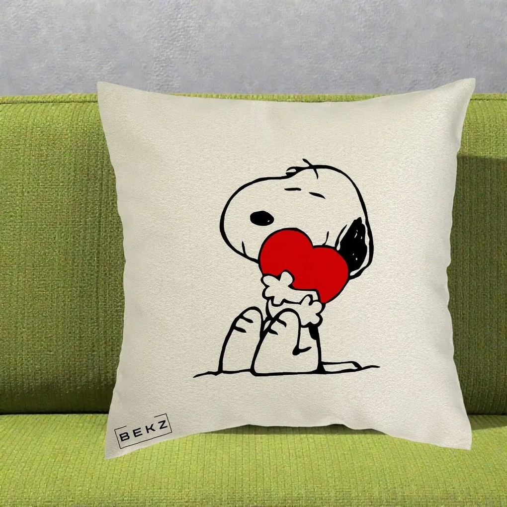 Perna Personalizata Snoopy cu Inima, 40x40 cm, Ecru, Husa Detasabila, Perna Inclusa, BEKZ®