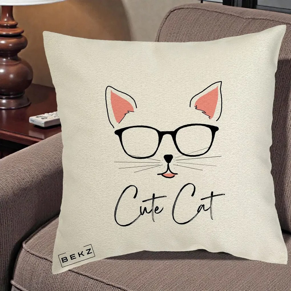Perna Personalizata Cute Cat cu Ochelari, 40x40 cm, Ecru, Husa Detasabila, Perna Inclusa, BEKZ®