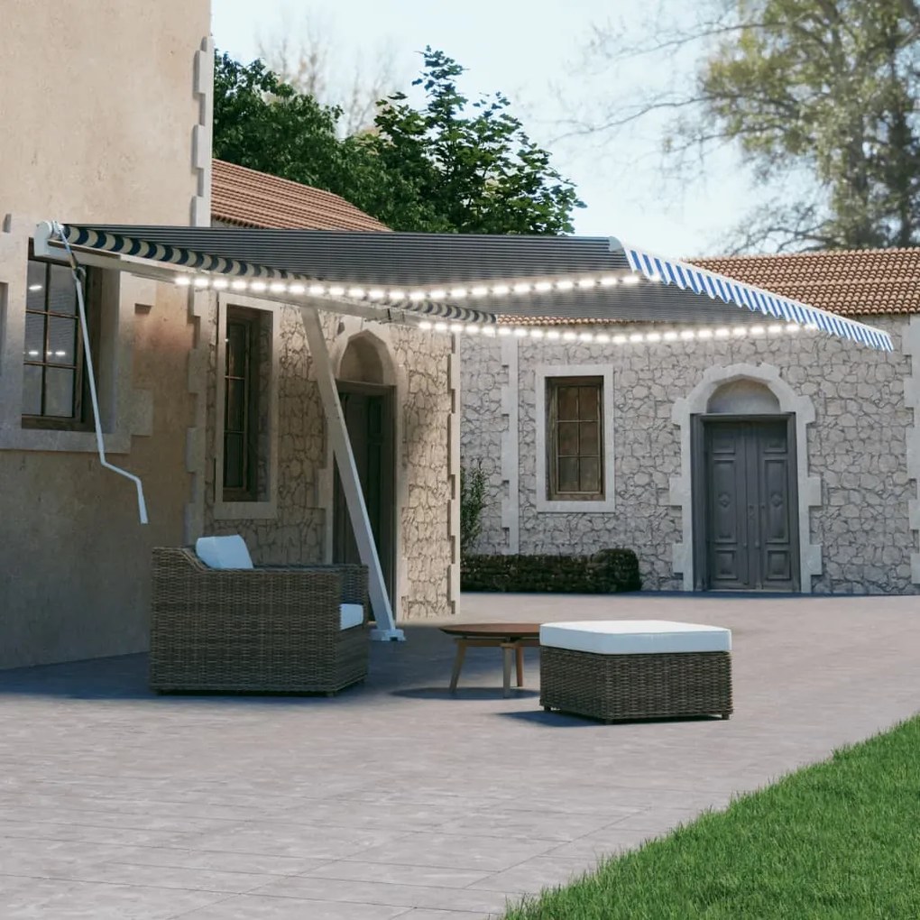 vidaXL Copertină retractabilă manual cu LED albastru și alb 600x300 cm