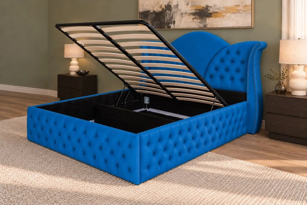 Pat tapițat Chesterfield din catifea Velora Deluxe Classic 180×200 cm, albastru, cu ladă de depozitare
