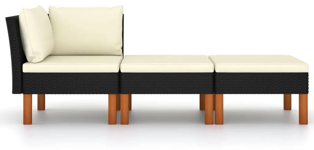 Set mobilier gradina, 3 piese, poliratan  lemn masiv eucalipt 1, Negru, Canapea de colt + suport pentru picioare (2 buc.)