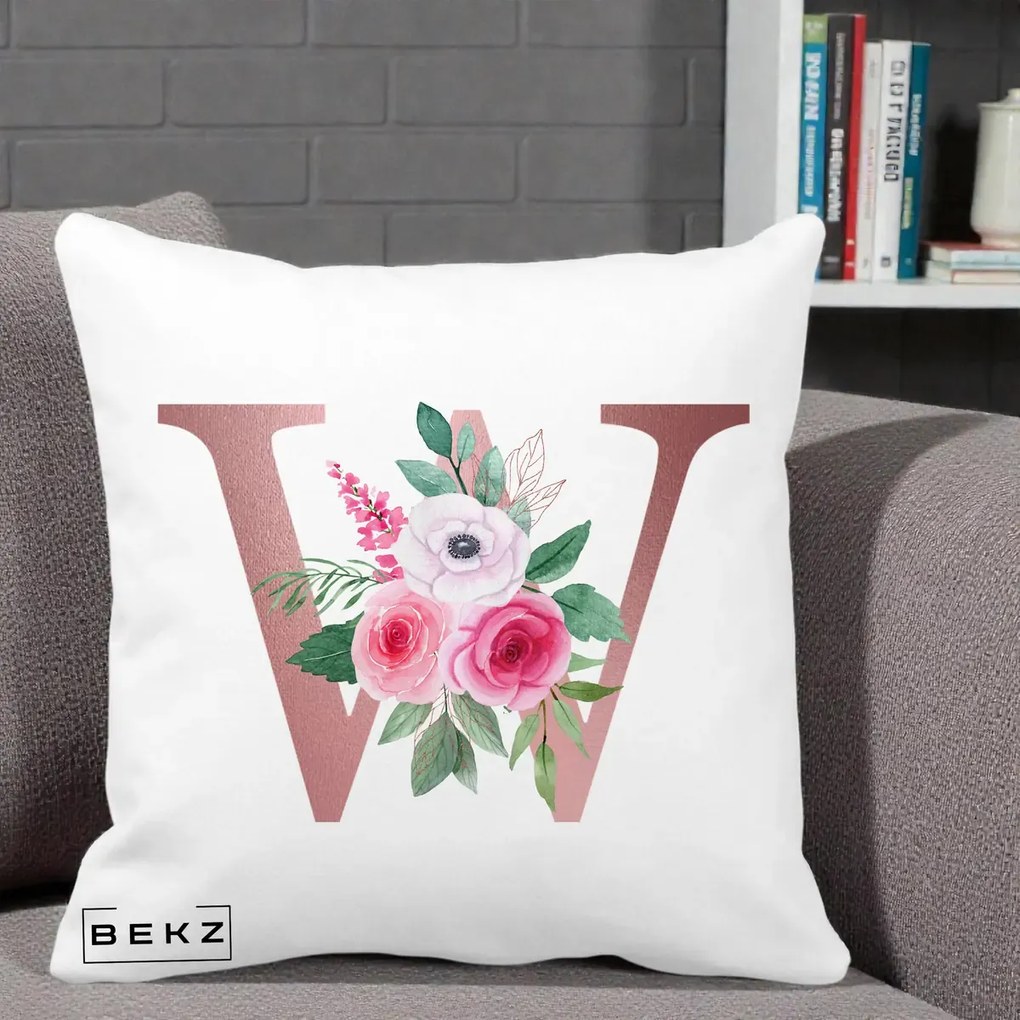 Cadou Personalizat - Perna Personalizata Monograma Rose Gold Litera W cu Trandafiri si Anemona, 40x40 cm, Alba Mata, Husa Detasabila, Perna Inclusa, BEKZ®