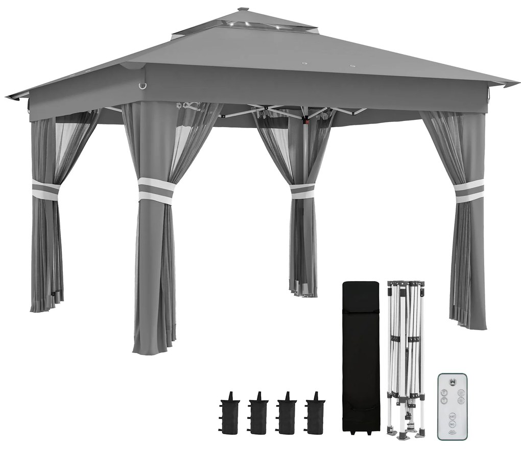Outsunny Foisor tip pop-up 3 x 3(m),20 lumini LED alimentate de la soare,geanta cu roti, 4 saci de greutate, inaltime reglabila, Gri | Aosom Romania