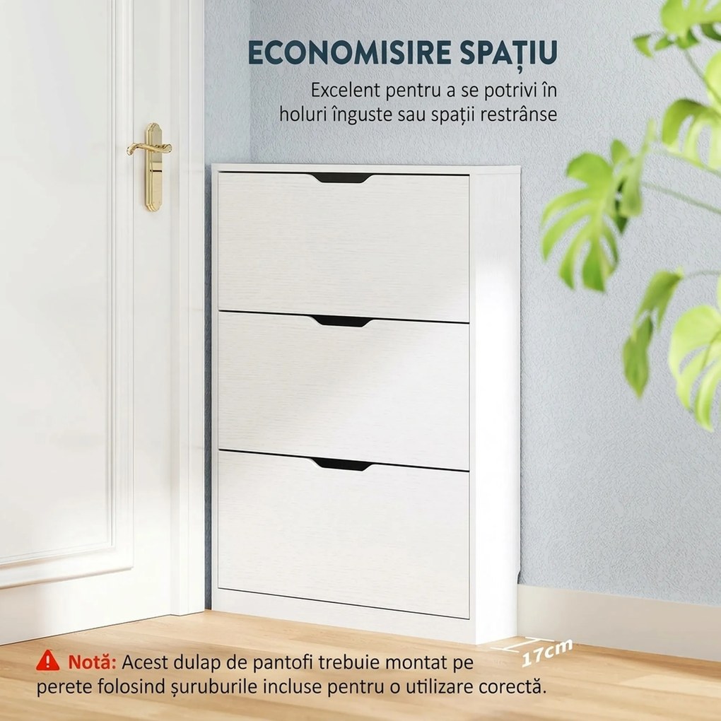 HOMCOM Dulap Subțire cu 3 Uși Rabatabile, pentru 12 Perechi de Pantofi, 80x17x108 cm, Alb | Aosom Romania