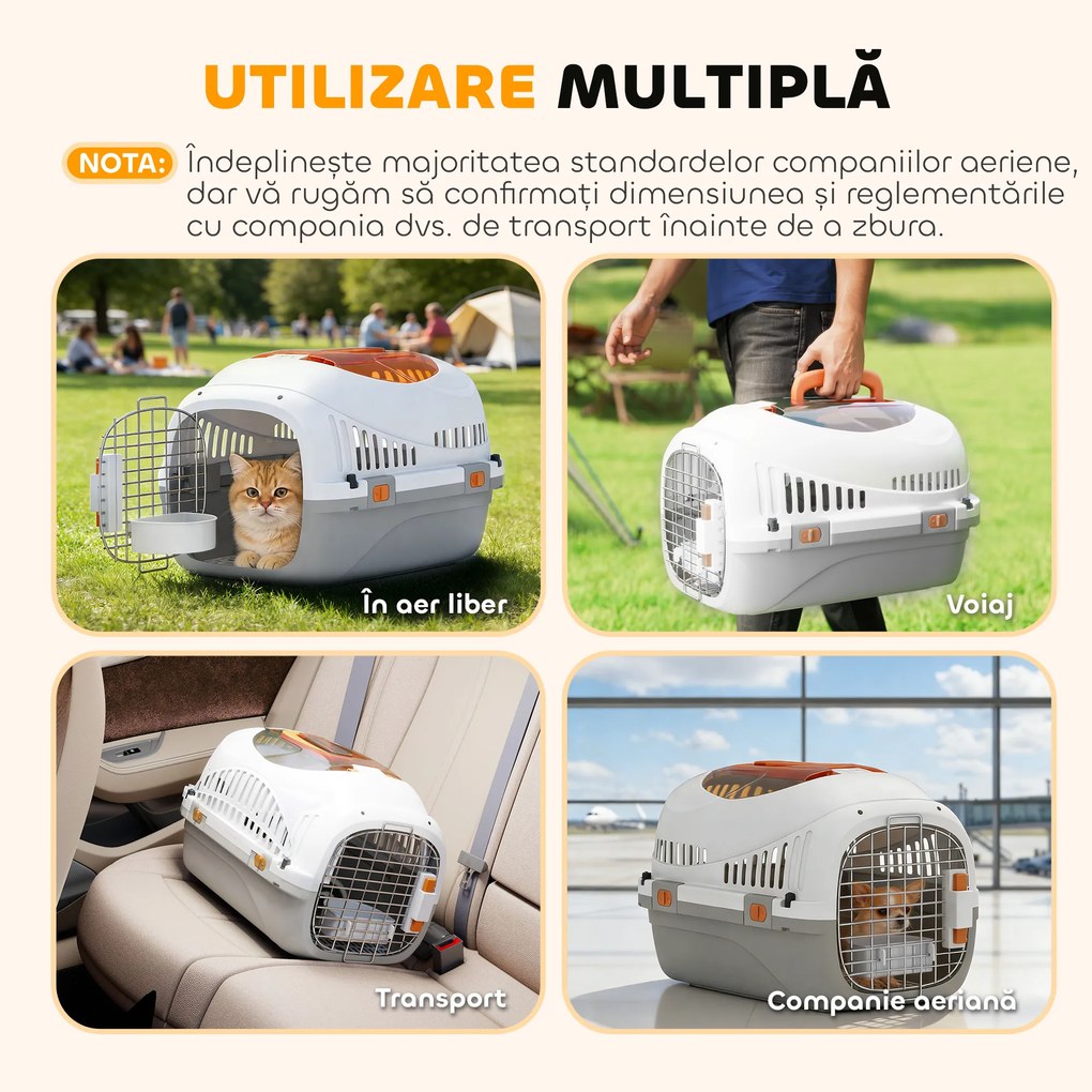PawHut Transportor pentru Pisici și Câini Mici din Plastic, cu Fereastră Superioară, Ușă din Oțel, Bol pentru Hrană, pentru Animale max 4 kg, 49x32x31 cm, Gri | Aosom Romania