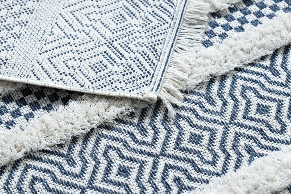 Covor ECO SISAL BOHO MOROC Linii 22328 franjuri - două niveluri de lână cremă / albastru inchis, covor reciclat