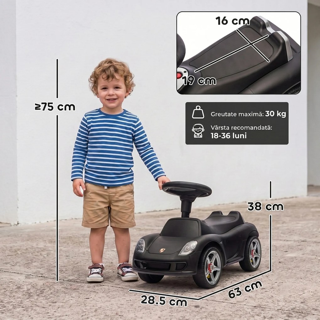 AIYAPLAY Mașinuță de Împins pentru Copii cu Licență Porsche, Claxon, Faruri și Sunet de Pornire, PP, Negru | Aosom Romania