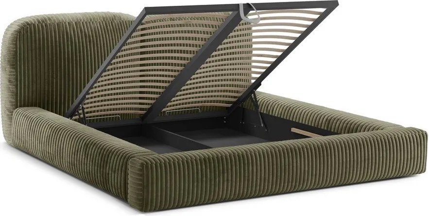 Pat matrimonial verde tapițat cu spațiu de depozitare cu somieră 180x200 cm Martina – Micadoni