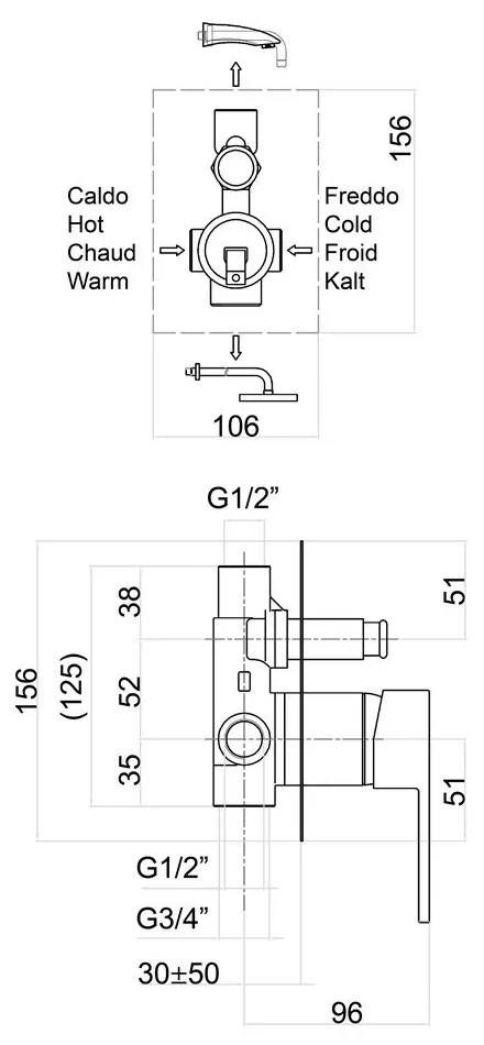 Baterie argintiu-lucios pentru duș încastrată (2 ieșiri) Latus – Sapho