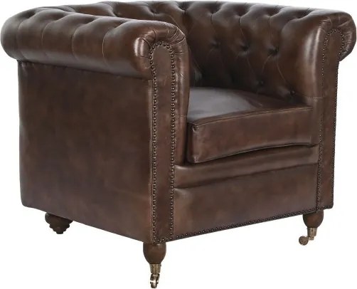 Fotoliu Chesterfield din piele, maro închis, spătar capitonat, brațe rulate și picioare cu rotile, 77 x 84 x 77 cm, „Annecy”