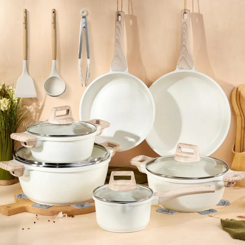 Resigilat: Set oale si tigai Just Perfecto JL-28, 15 piese, Turnat, Acoperire din marmura, Inductie, Accesorii, Bej