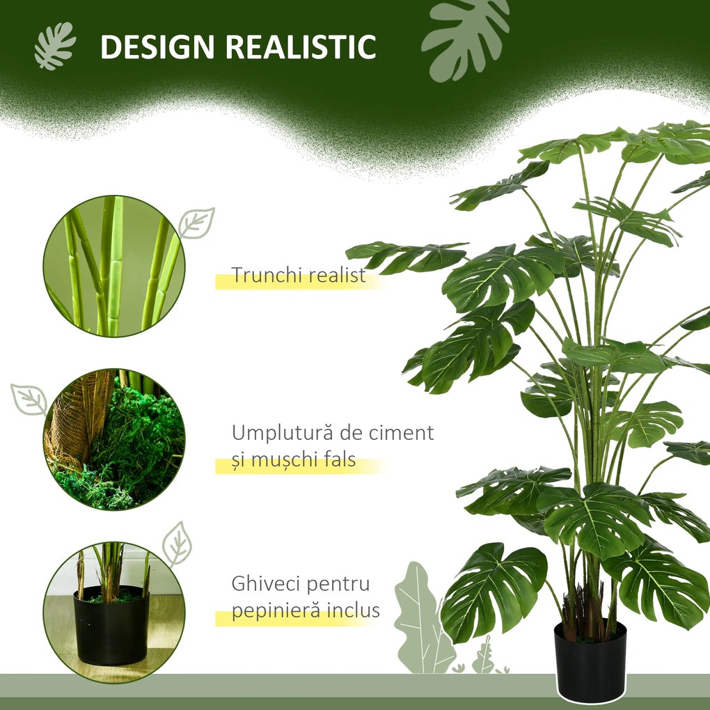 HOMCOM Monstera Deliciosa Artificiala cu Ghiveci, Planta Artificiala pentru Interior si Exterior pentru Decorarea Camerei de Zi de Acasa, 180cm