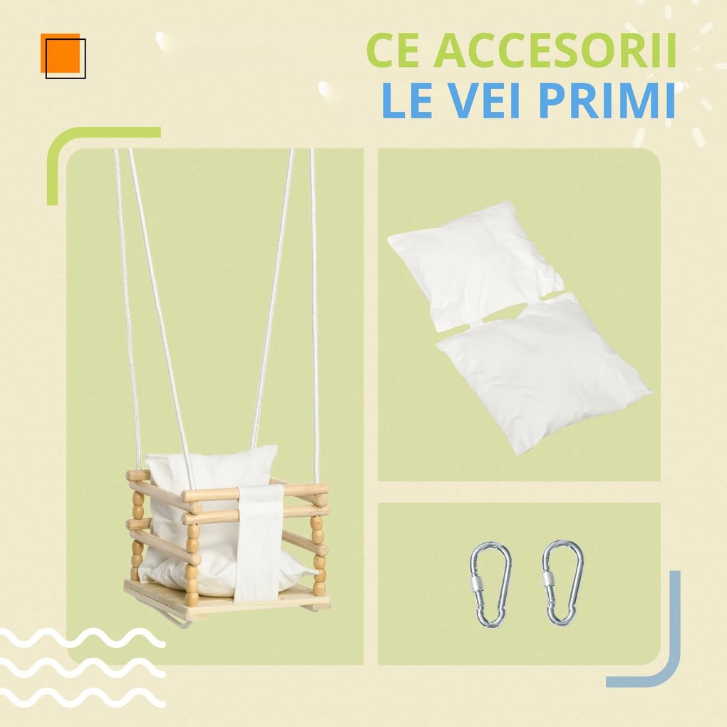 AIYAPLAY Leagăn pentru Copii din Lemn și Bumbac cu Frânghie Reglabilă, pentru Spații Interioare și Exterioare, 30x30x110-180 cm, Alb | Aosom Romania