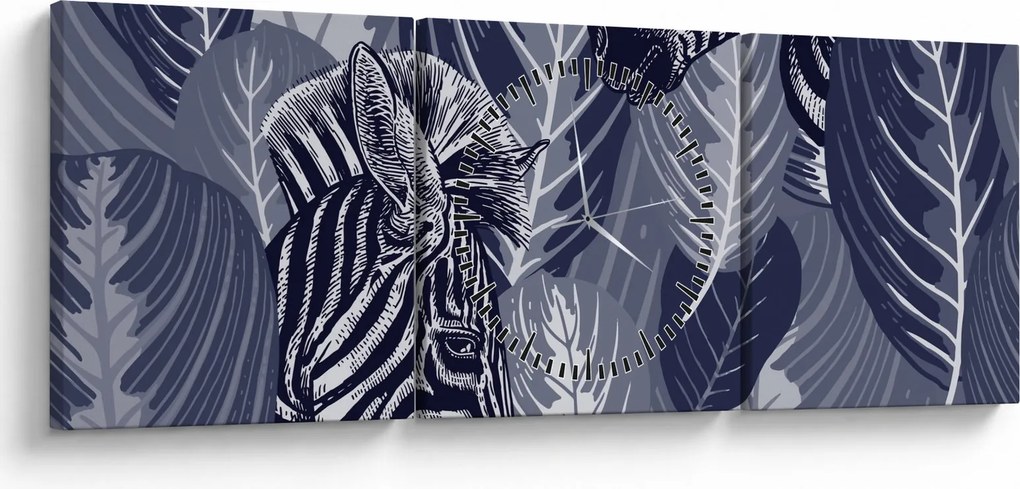 Tablou - Zebre între frunze (cu ceas) (90x30 cm)
