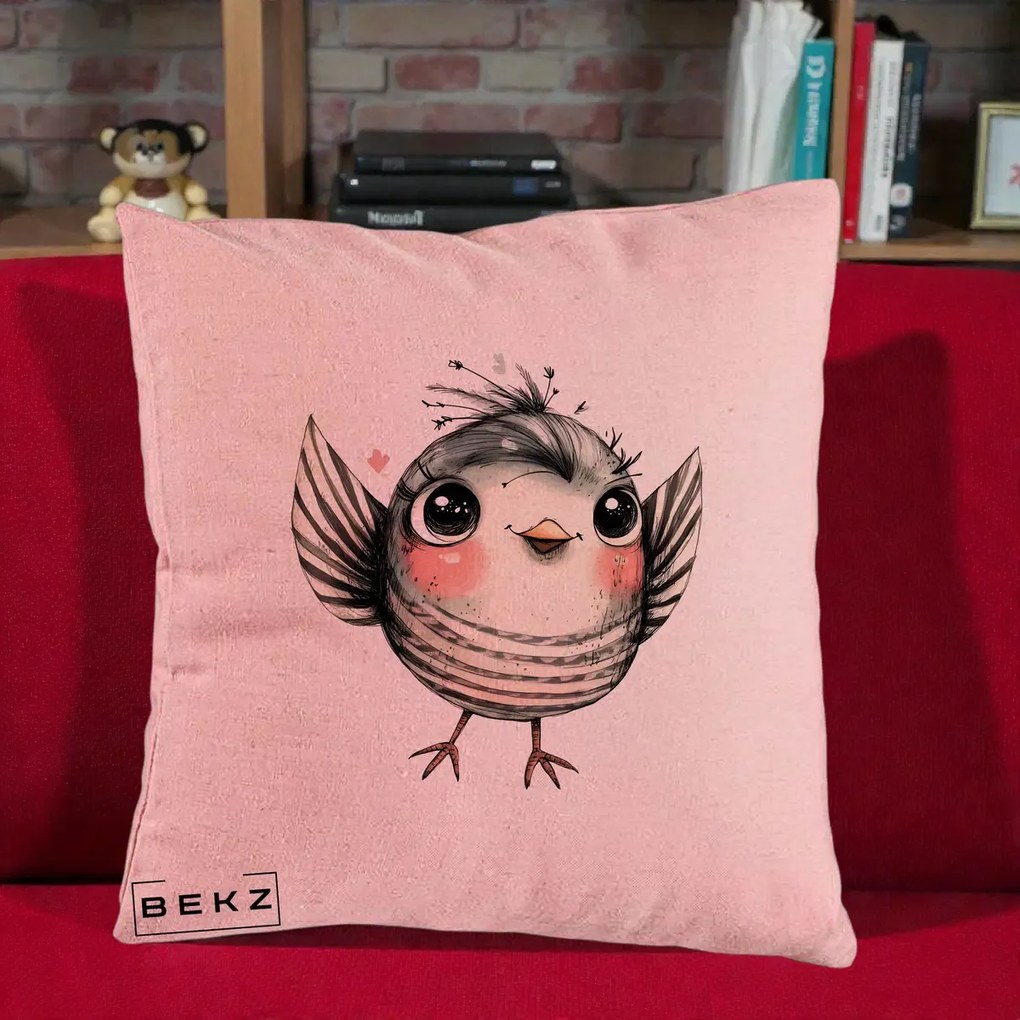 Perna Decorativa Pasare Gri cu Aripi si Inimioare, 40x40 cm, Roz, Husa Detasabila, Perna Inclusa, BEKZ®