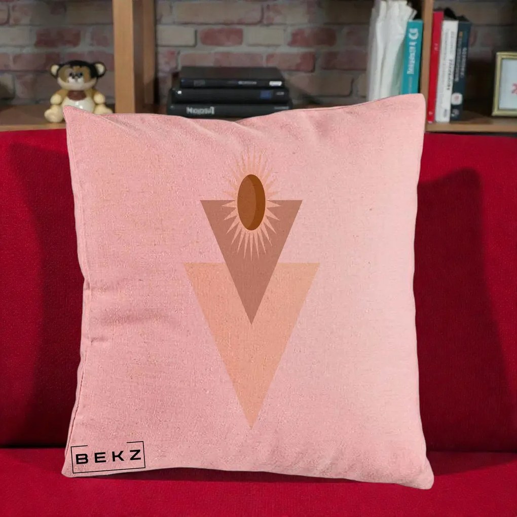 Perna Decorativa Boho Sun cu Triunghiuri Bej si Oval Solar, 40x40 cm, Roz, Husa Detasabila, Perna Inclusa, BEKZ®
