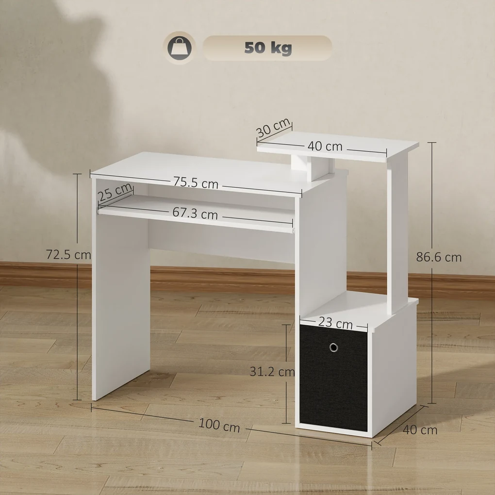 HOMCOM Birou modern pentru PC, birou pentru computer cu raft pentru tastatura, raft si spatiu de depozitare din material, 100x40x86.6cm, alb si negru