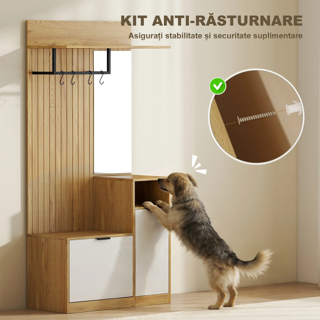 HOMCOM Cuier de Hol cu Bară, 4 Cârlige, Bancă și Spațiu pentru Încălțăminte, Dulap din MDF și Metal, Picioare din Lemn de Cauciuc, Stejar și Alb | Aosom Romania