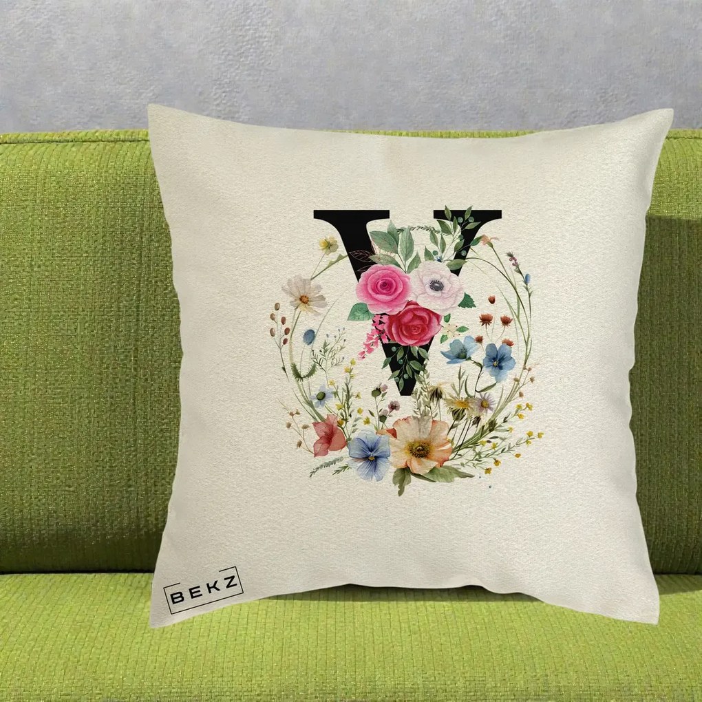Cadou Personalizat - Perna Personalizata Monograma Florala Litera V cu Coroana, 40x40 cm, Ecru, Husa Detasabila, Perna Inclusa, BEKZ®
