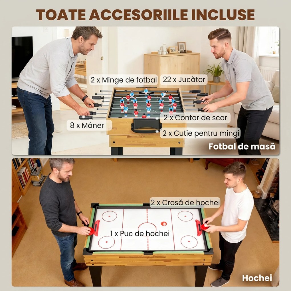 SPORTNOW Masă de Jocuri 13 în 1 cu Fotbal de Masă, Ping Pong, Air Hockey, Biliard, Șah și Altele, Culoare Nuc | Aosom Romania