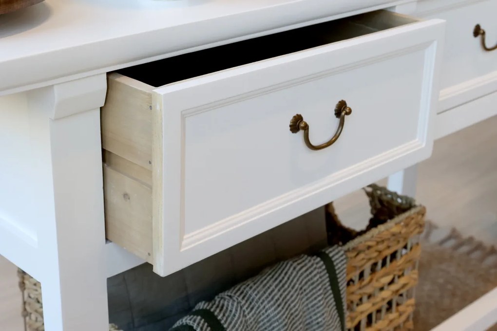 Consola alba, cu 2 sertare, din lemn de pin reciclat, aspect rustic, Marseille