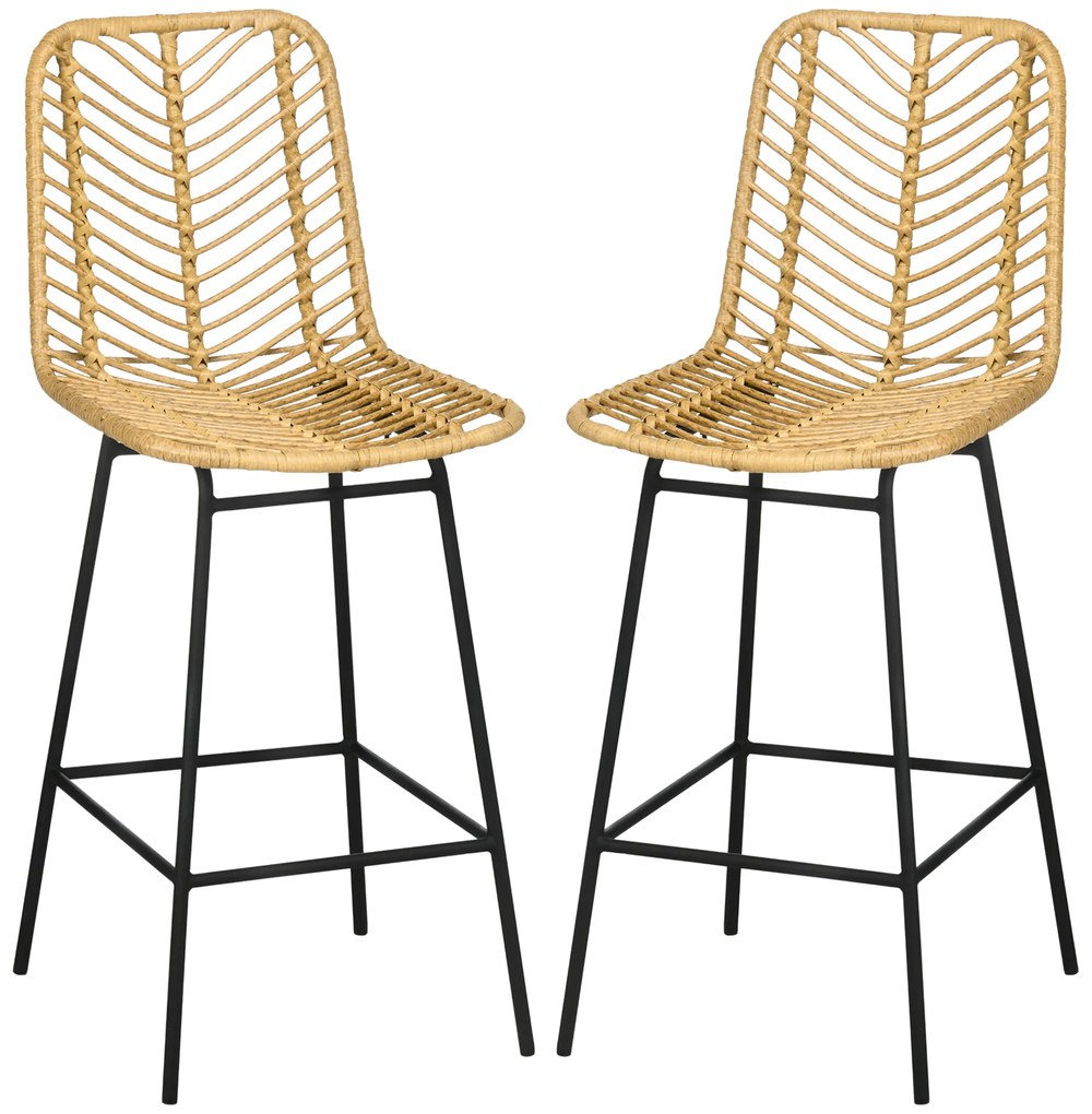 HOMCOM Lot de 2 taburete de bar design boem Înălțime 66 cm cu suport pentru picioare din metal și răchită PE, natural | Aosom Romania