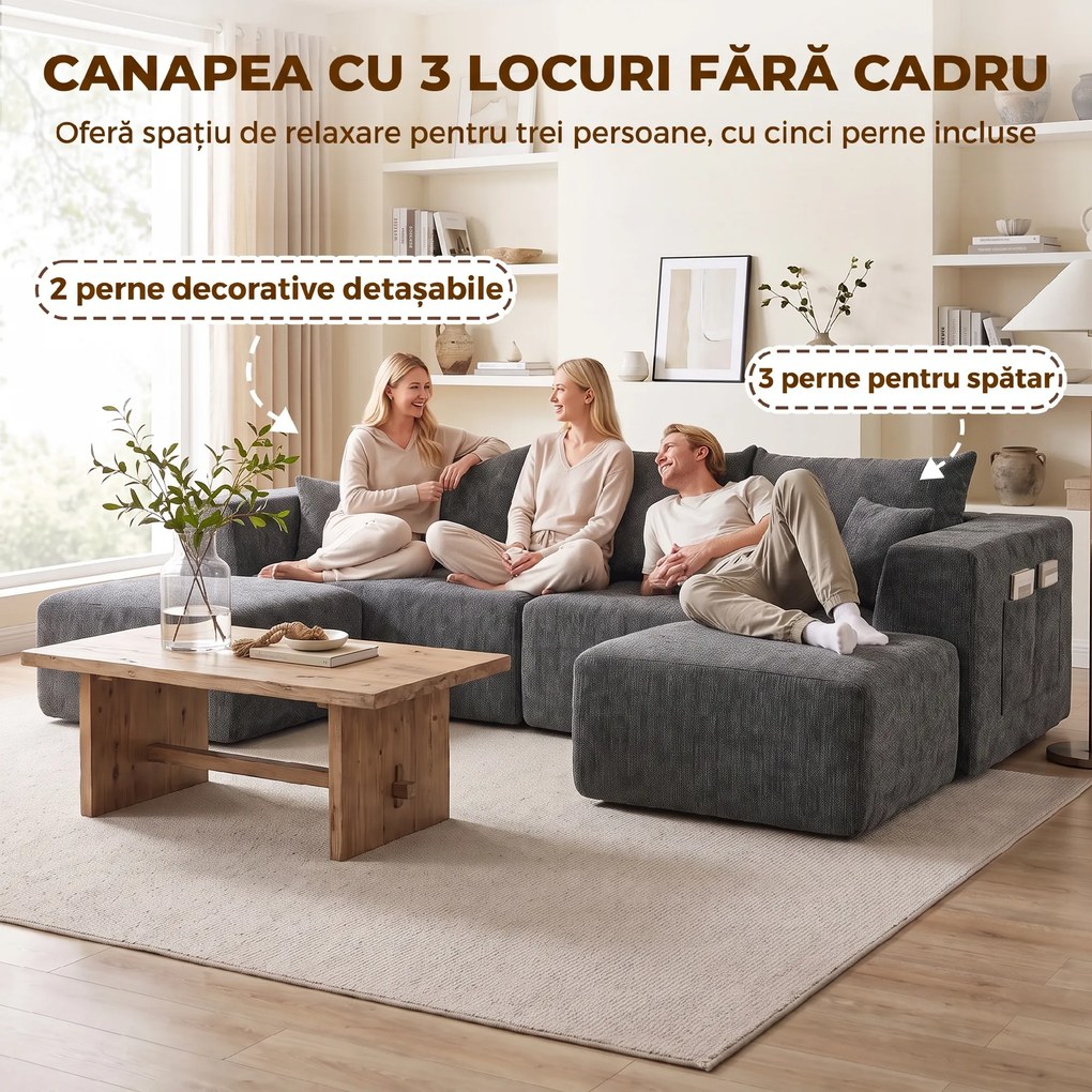 HOMCOM Canapea modulară în U, 3 locuri, fără cadru, cu 2 taburete, șezut și cotiere late, din chenille, gri închis | Aosom Romania