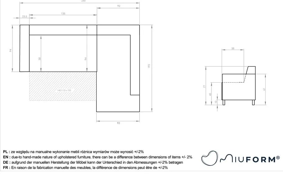 Colțar gri extensibil/cu spațiu de depozitare (cu colț pe partea dreaptă/în formă de ”L”) Classy Sophie – Miuform