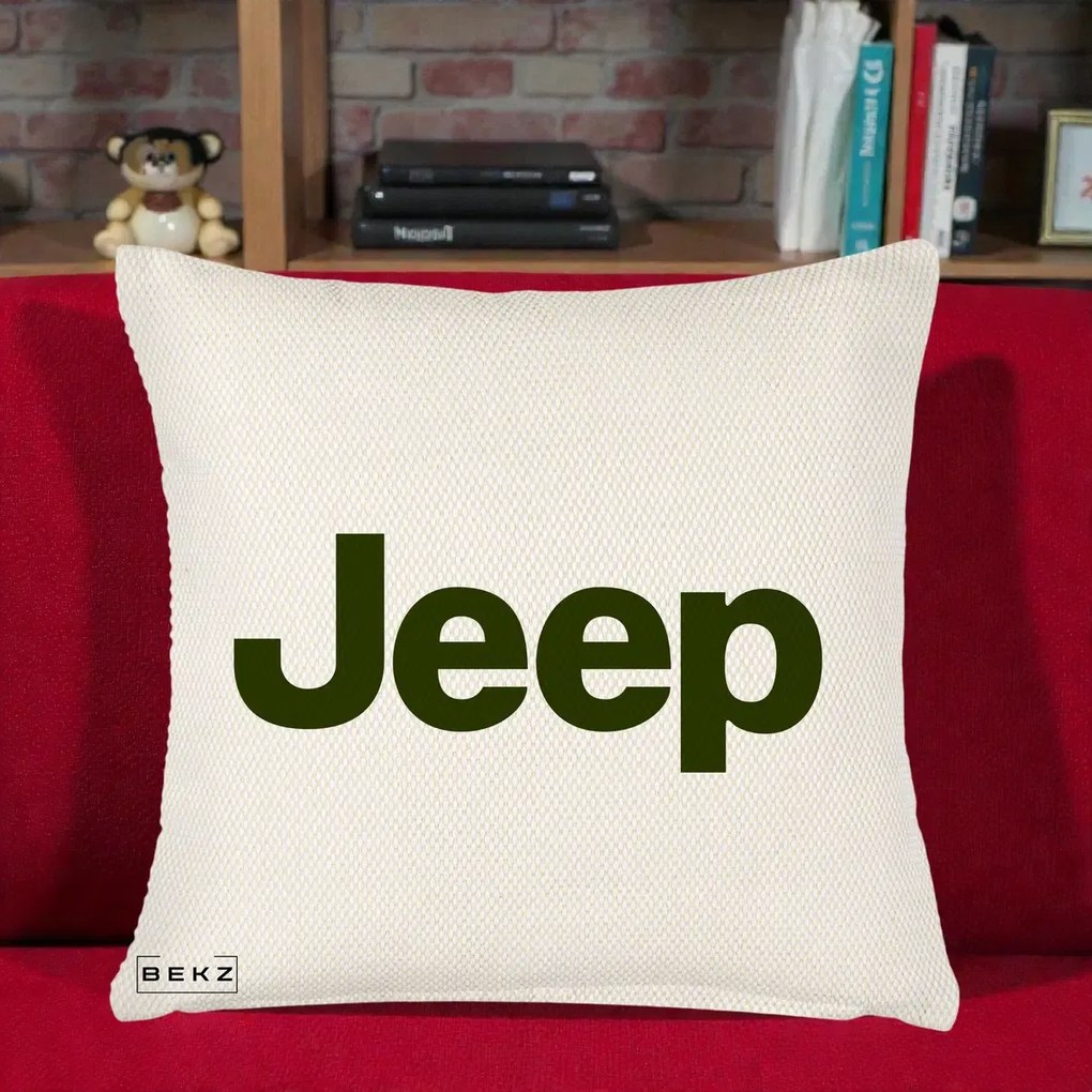 Perna personalizata emblema Jeep, 45x45 cm cu Umplutura, Crem Reliefat, BEKZ