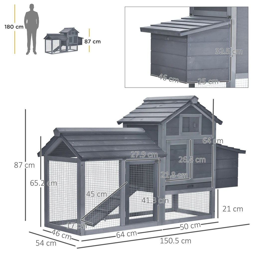 PawHut Coteț prefabricat din lemn pentru 2 găini cu gard pentru grădină 150.5 x 54 x 87cm, gri închis | Aosom Romania