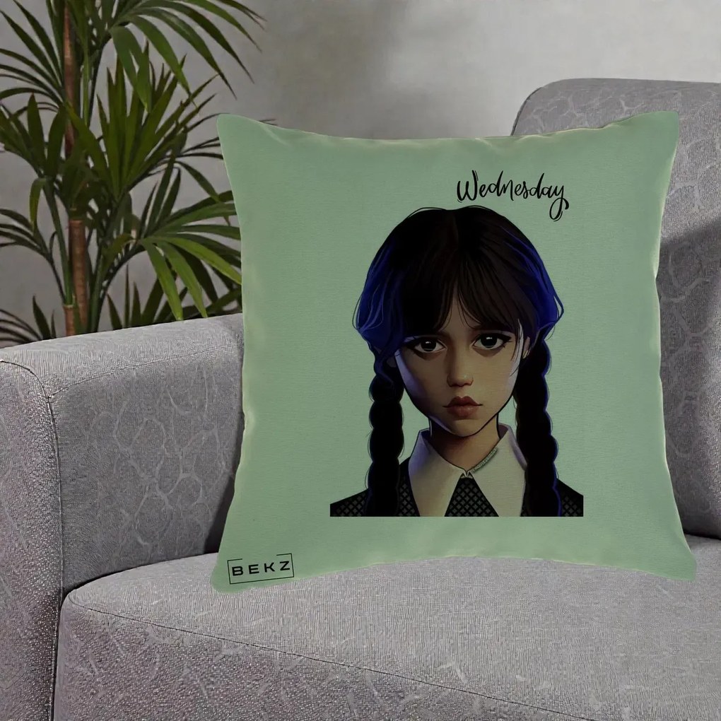 Perna Personalizata Wednesday Addams Portret Realist, 40x40 cm, Verde, Husa Detasabila, Perna Inclusa, BEKZ®