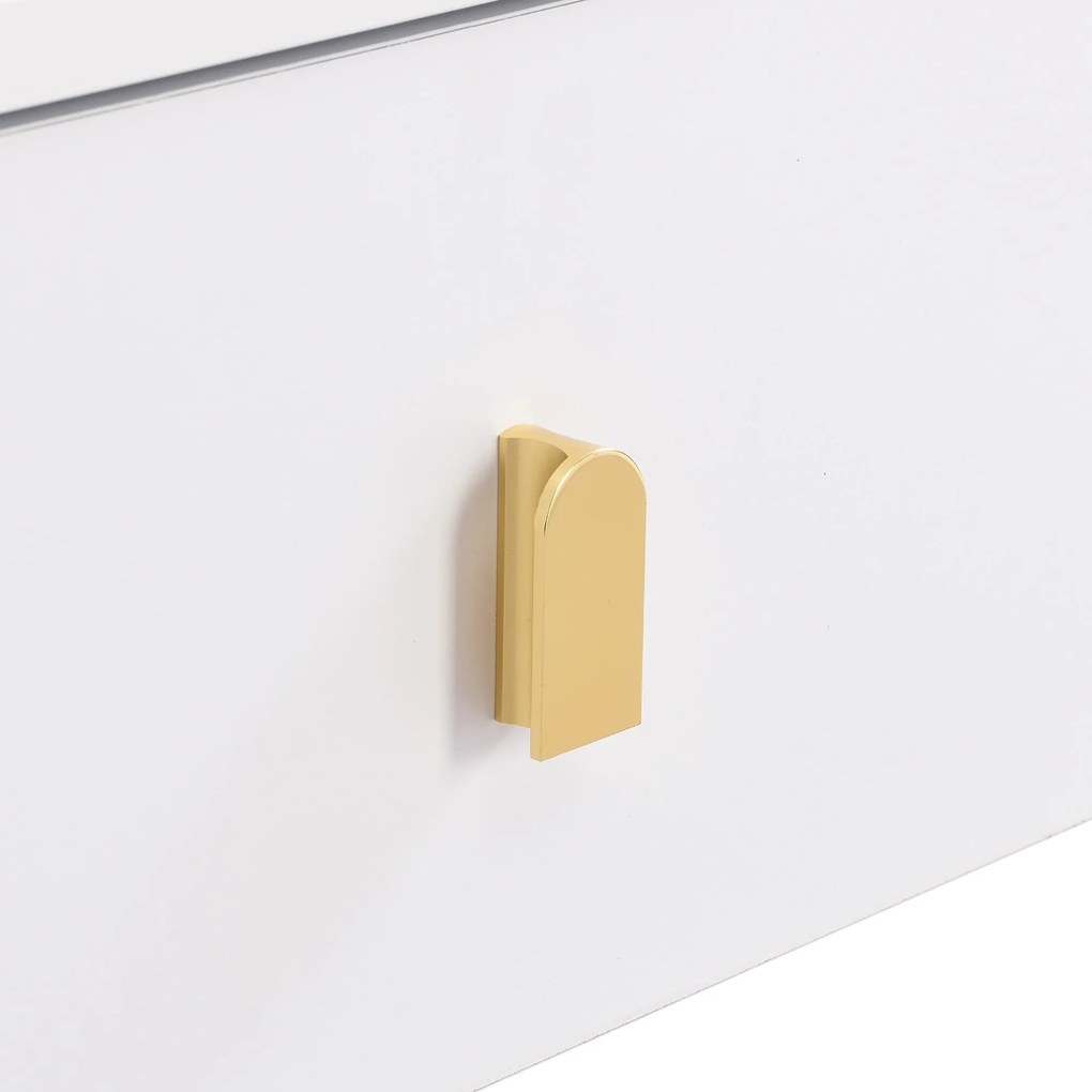 Masă de cafea cu 2 sertare, colțuri rotunjite, mânere și picioare aurii, 108x50x40 cm, Alb