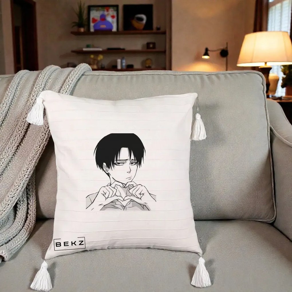 Perna Personalizata Levi Ackerman Inima, 40x40 cm, Bej cu Franjuri, Husa Detasabila, Perna Inclusa, BEKZ®