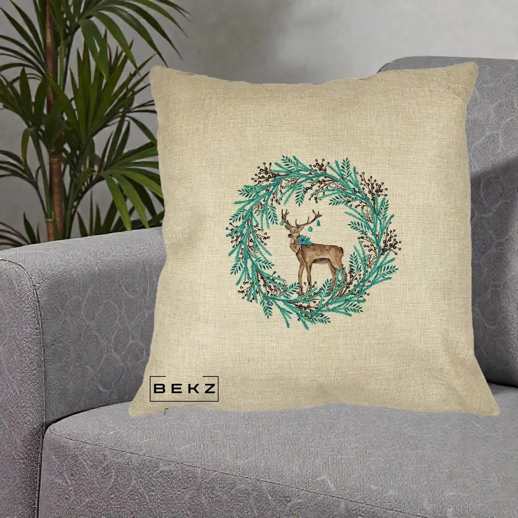 Perna Decorativa Coroana Turcoaz cu Ren, 40x40 cm, Crem, Husa Detasabila, Perna Inclusa, BEKZ®